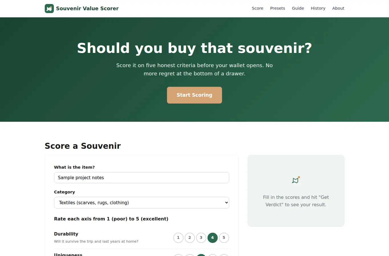 Screenshot of Souvenir Value Scorer interface showing the project page in use